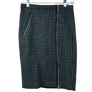 J. Crew Houndstooth Asymmetrical Zipper Wool Pencil Skirt Size 00 Blue